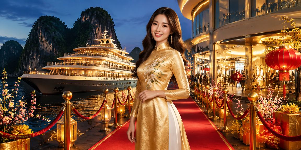 Người phụ nữ mặc áo dài xem thông tin cá cược trực tuyến tại vịnh Hạ Long