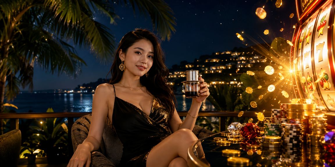 Người chơi tại Phú Quốc thư giãn với slot game và cà phê, trải nghiệm nạp rút tiền dễ dàng trên mx6