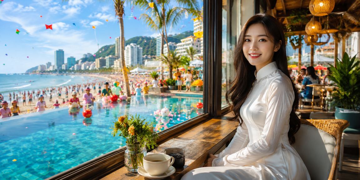 Cảnh biển Vũng Tàu với người dùng theo dõi kèo cá cược và ưu đãi hoàn tiền trên điện thoại